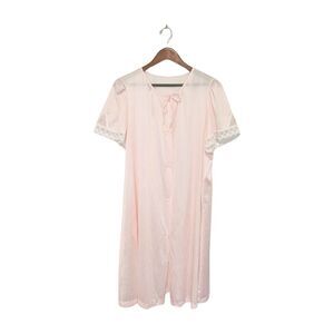 Vintage Deena Button Front Robe S/S Pink Dressing Gown Granny Chic Cottage L